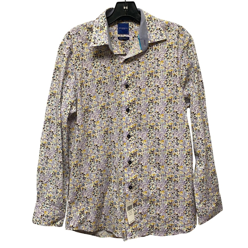 NWT NICK GRAHAM Stretch Modern Fit Gold Floral Dress Shirt Men Size 15 32 33